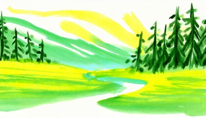 Obraz premium 真夏、草の香り、心地よい暑さ、森林をシンプルに絵具で表現する generated by AI