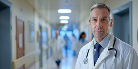 Fototapeta premium Adult man in a white coat is standing in a hospital hallway. Male doctor or nurse portrait in the emergency room.