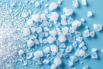 Scattered sugar crystals forming a heart shape on a blue background. Flat lay composition with copy space. Sweet food and love concept. Design for greeting card, invitation, and culinary blog.