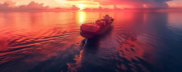 The serene movement of a cargo ship at sunset mirrors the steady flow of global trade across the seas, sharpen banner template with copy space on center