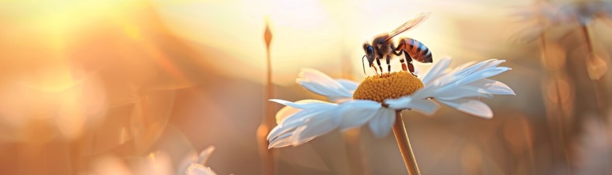 A bee is on a white flower in a field. The sun is shining brightly on the scene, creating a warm and inviting atmosphere