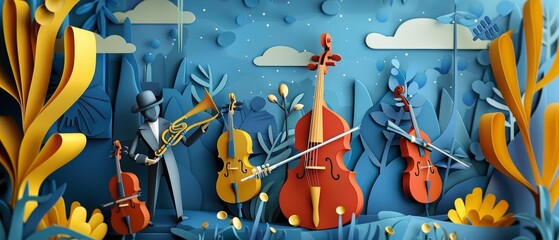 Look strange of music where instruments self play in a symphony of AI composers, crafted in Paper art styles, sharpen Cinematic with copy space - obrazy, fototapety, plakaty
