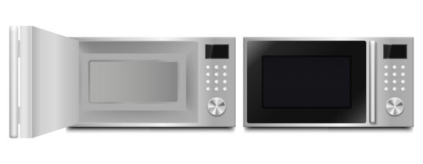 a stainless steel microwave oven with the door open and closed