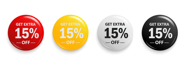 Get Extra 15% off sign. Discount offer price sign. Discount tag for shopping, marketing, advertisement, banner and web. Vector illustration.