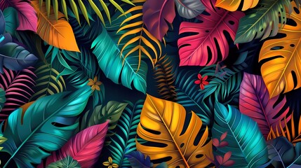Tropical leaves vector, intricate design, colorful isolated leaves background. 