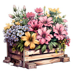 A classic clip art of a beautiful flower Wooden crate, pastel colour, overflowing with assorted blooms and greenery, beautiful modern style, single objects, isolated on white background.