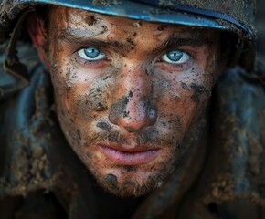 Mud-Covered Soldier Close-Up