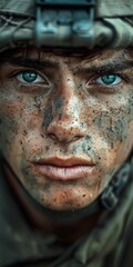 Intense Close-Up of Soldiers Face With Blue Eyes
