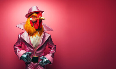Portrait of anthropomorphic chicken in disco outfit standing isolated on pink background, copy space for text