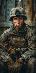 Obraz premium Soldier in Military Uniform Sitting Down