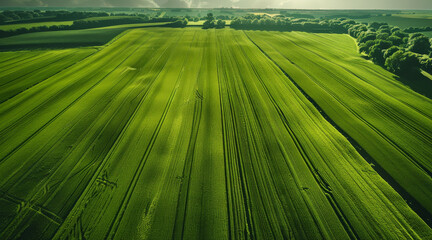 Naklejka premium Agro culture, green fields, nature, view from above. Generative AI.