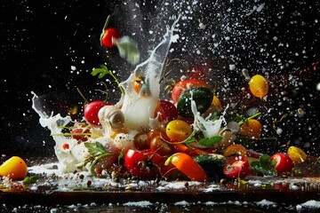 Sample the fresh, locally sourced ingredients of a farmtotable meal, artfully exploding against a black background, showcased in a sharp, closeup food shot