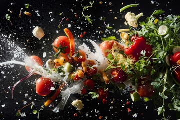 Sample the fresh, locally sourced ingredients of a farmtotable meal, artfully exploding against a black background, showcased in a sharp, closeup food shot