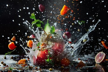 Sample the fresh, locally sourced ingredients of a farmtotable meal, artfully exploding against a black background, showcased in a sharp, closeup food shot