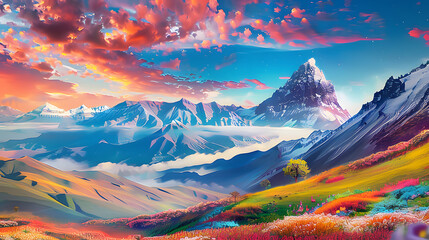 a colorful landscape with trees and pink mountains in the background, with a blue sky, flowers floating and white clouds in the foreground.