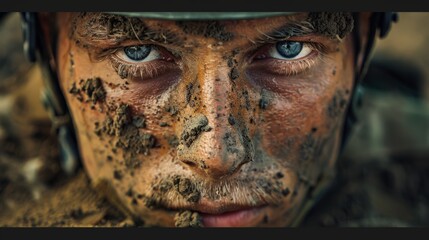 Close Up Of Soldier With Mud on Face