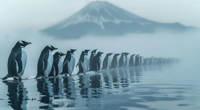 A line of penguins on a natural ice path leading to a tranquil, misty sea. Generative AI.