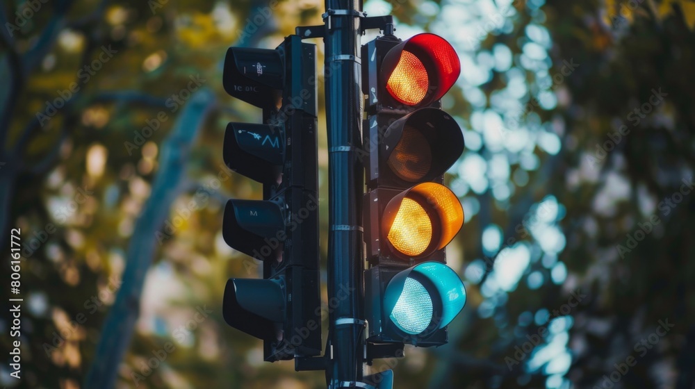 Poster a traffic signal post with multiple lights, guiding drivers with clear indications for turning left,