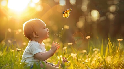 a baby plays with a butterfly on the background of nature
