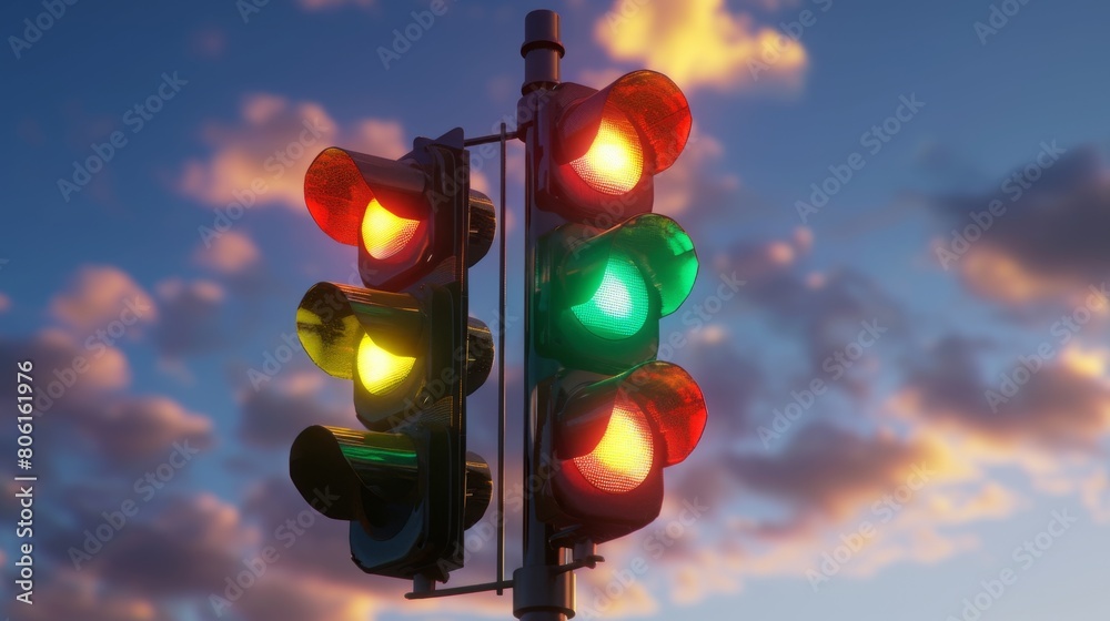 Aufkleber a traffic signal post with multiple lights, guiding drivers with clear indications for turning left,