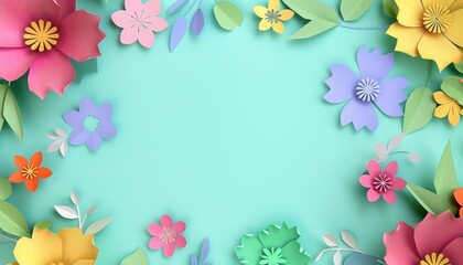 The botanical template captures the essence of spring with its colorful paper flowers arranged meticulously around the edges, Blank frame template Sharpen with large copy space