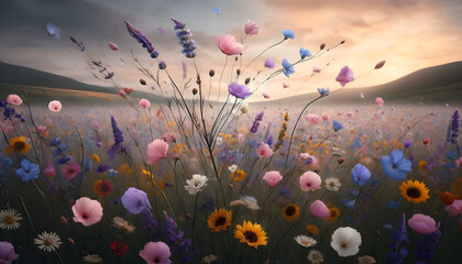 Serene Pastel Sunrise: Softly Lit Wildflower Meadow at Dawn