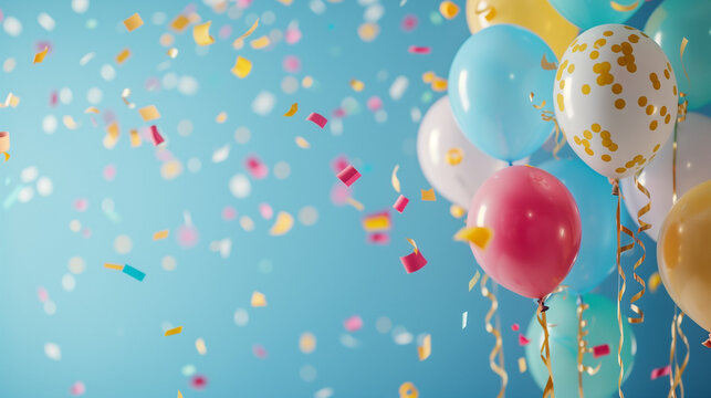 Colourful balloons for party or celebration in landscape with space for copy, blue background, confetti, pastel shades