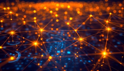 Fototapeta premium The evolution of IT infrastructure is discussed against a backdrop of glowing network nodes and connections, Sharpen banner template with copy space on center