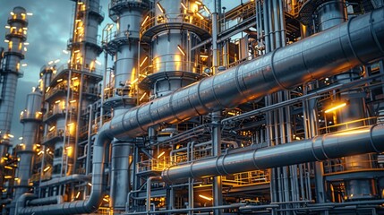 Close up Modern industrial plant or oil refinery petrochemical chemical processing factory. Generative AI.