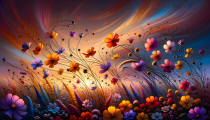 Enchanted Evening Bloom: Colorful Flowers Swirling Under a Twilight Sky