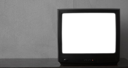 mock-up. Close-Up Of Old tv Television with clipping paths. mock up. old vintage tv screen. empty white place for mockup wooden table in home front view. template. wallpaper background.