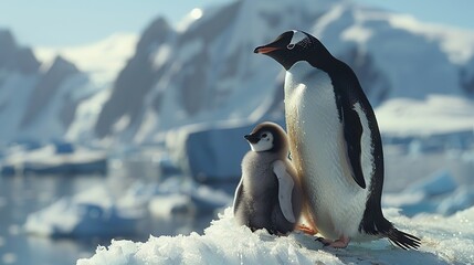 Obraz premium Baby penguin and his mother walking in the Antarctic ocean on a blur background.