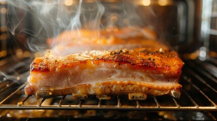 A triple-layer pork belly being slow-roasted in the oven, with savory aromas filling the kitchen as it cooks to perfection.