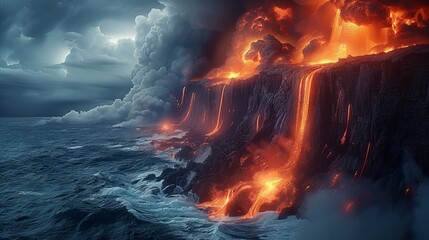A molten lava flowing off a cliff, seascape, jagged cliffs overlooking the ocean, huge waves, storm...