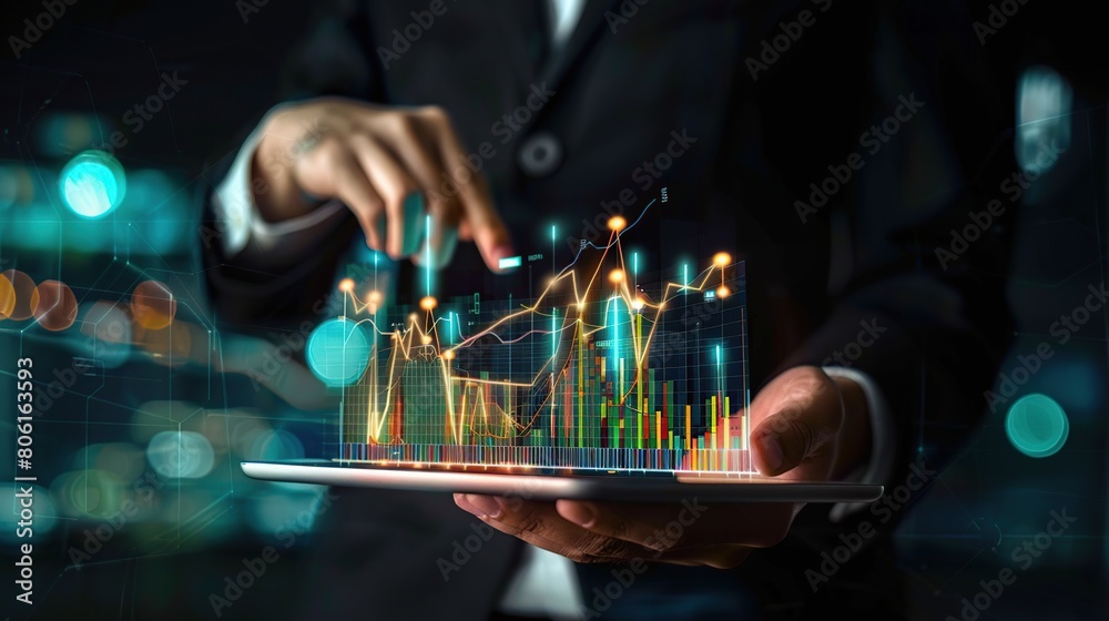 Aufkleber closeup businessman hand show stock chart showing with graph indicator. a growing virtual hologram.