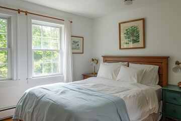 Bedroom in a quaint old New England cottage, with white walls and minimalist decor and art on the wall above the bed, a simple wood headboard, a large window with trees outside.