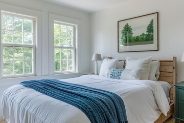 Bedroom in a quaint old New England cottage, with white walls and minimalist decor and art on the wall above the bed, a simple wood headboard, a large window with trees outside.