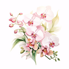 Pink and white orchid flowers with green leaves.