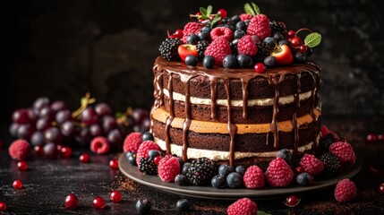 Decadent Chocolate Cake With Berries and Chocolate Icing