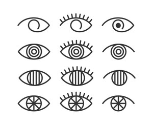 Set Stylized Eye Icons With Various Patterns Or Designs Within The Iris, Such As Solid, Concentric Circles, Radial Lines