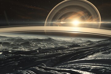 4K panoramic view from Saturn s top, realistic, highresolution, ring shadows visible