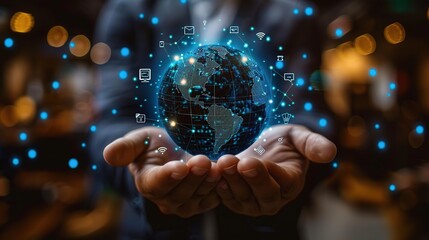 Business man both palm is holding a digital globe with technology icons on dark blur background.
