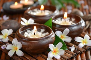 Inviting spa composition lit candles, wooden bowls, fresh tropical flowers, wellness atmosphere