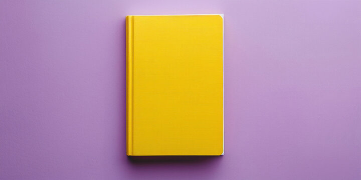 Bright yellow book with blank page on vibrant purple background, minimalistic concept design
