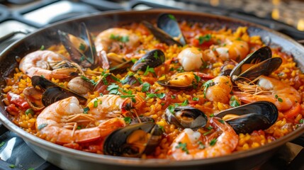 A vibrant seafood paella cooked in a traditional Spanish pan, brimming with shrimp, mussels, clams, and aromatic saffron-infused rice.