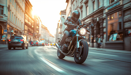 Rider cruising through sunlit city street