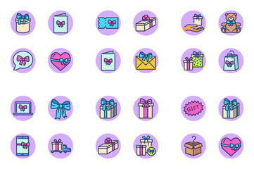 Presents vector icon set. Gift boxes with ribbons and bows, mobile phone, customer bonus in store, gift delivery. Line vector icons for celebration, giving gifts, Christmas sale, surprise concept