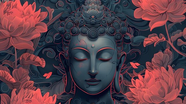 lord buddha at lotus flower background. dark color buddha design with red lotus flowers. lord buddha, meditation and mindfulness