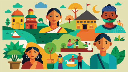 A series of paintings depicting the diverse landscapes and daily life of different villages in India showcasing the countrys vast cultural diversity..