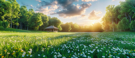 Fototapeta premium Sunlit Green Meadow with Wild Dandelions, Peaceful Rural Landscape Under a Clear Blue Sky